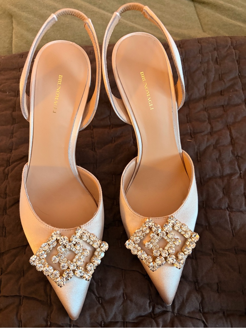 Bruno Magli Pink Satin Pointed Slingback Heels with Crystal Buckles